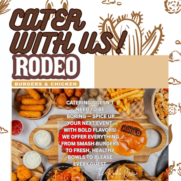 Rodeo Burgers and Chicken catering spread with burgers, fries, chicken, and mozzarella sticks.
