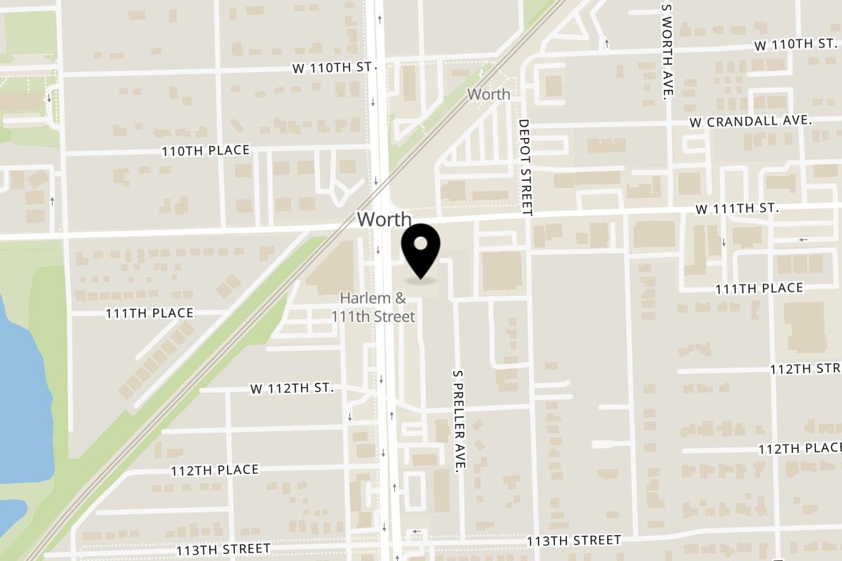Map showing the location of Rodeo Burgers and Chicken on 11111 S Harlem Ave Unit E in Worth